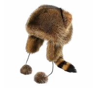 Cute Faux Fur Raccoon Hat with Tail Ears Cozy Fluffy Parent-Child Raccoon Costume Hat Animal Earflap Hat Warm Winter Plush Ushanka Trapper Hat Windproof Ski Snow Cap for Kids Women