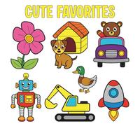 Cute Favorites: Cute Favorites Bold and Easy Coloring Book for Adults and Kids 50 Simple Designs Featuring Animal, Flower, Robot, Rocket, Excavator, Submarine and Much More!
