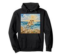 Cute Fawn Pug Dog Playing on a Sunny Beach Funny Artwork Pullover Hoodie