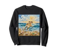 Cute Fawn Pug Dog Playing on a Sunny Beach Funny Artwork Sweatshirt