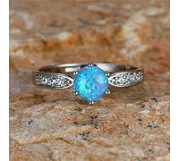 Cute Female Blue Fire Opal Stone Ring Boho Silver Color Round Ring Jewelry Vintage Wedding Engagement Rings For Women