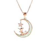Cute Female Moon Cat Pendant Necklace Rose And Gold Silver Color Chain Necklaces Vintage White Opal Stone Necklaces For Women