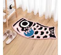 Cute Fish Bath Rug Mat Soft Non-Slip Bathroom Rug Japanese Style Koi Flag Floor Carpet for Shower Room, Water Absorbent Indoor Mats, Machine Washable 17.7"x33.4"(Black Pink)