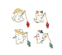 Cute Fishing Cat Enamel Lapel Pins, 4 Styles Cartoon Kitten Brooches with Fixed Chain Fish Charm, Mini Metal Decorative Pins for Jacket Backpack Hat Clothing Accessory