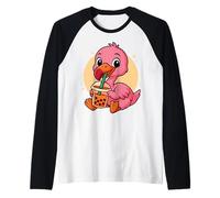 Cute Flamingo Kawaii Anime Drinking Bubble Tea Girl Kids Raglan Baseball Tee