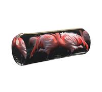 Cute Flamingo Printed Cylindrical Leather Pencil Case for Girls Boys, Gold Zipper Pencil Bag Pen Pouch Organizer for Student School Office College