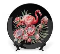 Cute Flamingo Protea Flower Ceramic Decorative Plates for Display Ornaments with Stand for Kitchen Home Decor 8inch