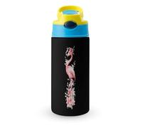 Cute Flamingo with Bow Flowers Cute Water Bottle with Straw Lid Stainless Steel Drink Tumbler Insulated Flip Top Cups 350ml