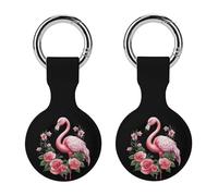 Cute Flamingo with Flowers Keychain Holder Case Compatible with AirTag Waterproof Silicone Shell Protective Case 2PCS