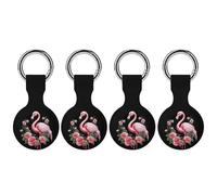 Cute Flamingo with Flowers Keychain Holder Case Compatible with AirTag Waterproof Silicone Shell Protective Case 4PCS