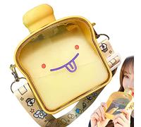 Cute Flat Water Bottle | 380ML/12.8oz Creative Toast Pan Water Bottle | Cute Expression Design Flat Mug Student Summer Portable Leak Proof Juice Cup with Adjustable Strap