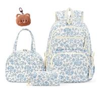 Cute Floral Backpack for Girls, 3 Piece Floral Quilted Backpack ，Blue | Pink Floral Backpackg with Shoulder Bag & Pencil Case, Cute Daypack for Primary, Middle & Secondary School, Travel & Everyday