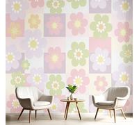 Cute Floral Checkerboard Pattern Wallpaper, Cartoon Plants Bedroom Wallpaper, Pastel Colors Wall Photo Mural Wallpapers For Living Room, Easy To Install Photo 3D Wall Murals Office Decor, 300X210Cm