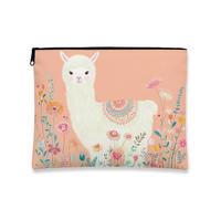 Cute Floral Makeup Bag, Fanciful Llama Pattern Cosmetic Travel Pouch for Women, Portable Small Canvas Zipper Organizer, Festival Gift Skincare Toiletry Bag, Peach, 7x9 Inch, Llama