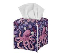 Cute Floral Octopus Tissue Box Holder Square PU Leather Tissue Cube Box Organizer for Home Bathroom Living Room Decorative Waterproof Purple Tissue Box Cover