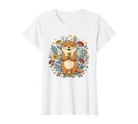 Cute Floral Otter Kawaii Wildflower Botanical Nature Value Graphic T-Shirt, Women, White, S