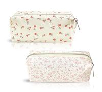Cute Floral Pencil Case Set, 2Pcs Pink & Red Ditsy Floral Pencil Cases with Zip, Multifunctional Travel Stationery Organizer & Kawaii Small Cosmetic Bag for Girls School, Office, Makeup