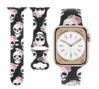 Cute Floral Printed Strap for Apple Watch Bands 38mm 40mm 41mm 42mm 44mm 45mm 46mm 49mm Women, Soft Silicone Leopard Bow Pattern Design Wristbands for iWatch Series 11,10，9, 8,7,6,5,4,3,2,1,SE (Skull
