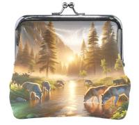 Cute Floral Women's Coin Purses & Pouches Kiss Lock Wolves River Forest Sunrise Coin Change Purse for Girls, 4.53" x 4.13" / 11.5 x 10.5 CM