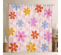 Cute Flower Blackout Curtains 66 x 90 Inch Kawaii Cartoon Floral Window Curtains 2 Panel Sets For Kids Girls Teen,Pink Girly Window Treatments Watercolor Flowers Geometric Plaid Grids Drapes