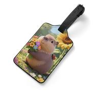 Cute Flower Capybara Luggage Tag PU Leather, Personalized Suitcase Tag with Name Card, Durable Travel Bag Identifier for Luggage, Backpack, Gym Bag, Aesthetic Travel Accessory