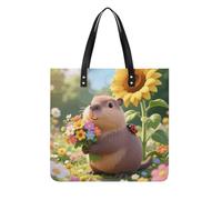 Cute Flower Capybara Square PU Leather Tote Bag