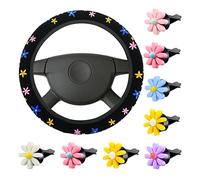 Cute Flower Car Accessories Set for Women Girls Embroidery Floral Steering Wheel Cover for Universal Fit 14.5-15 Inch with 8 Pcs Colorful Daisy Car Air Vent Clips Automotive Car Interior Decorations