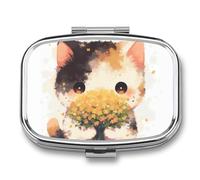 Cute Flower Cat Pill Case Box with 2 Compartment Medicine Vitamin Organizer for Purse Pocket 5.5x4cm