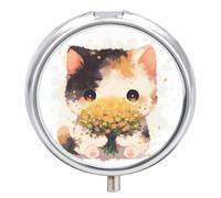 Cute Flower Cat Pill Case Box with 3 Compartment Medicine Vitamin Organizer for Purse Pocket 5x5cm