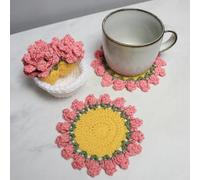 Cute Flower Coasters Set of 4,Funny Pink Crochet Plant Pot Coasters | Plant Pot Coaster Set for Drinks with Flowerpot Holder,Fun Soft Decorative Coasters Housewarming for New Home Bar Desk
