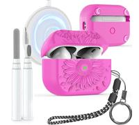 Cute Flower Engraved Case for AirPods Pro 2nd/1st Generation, Soft Silicone Cover & Magnetic Lid Compatible with MagSafe, Front LED Visible, Clean Kit Lanyard Carabiner, Glow Rose Red