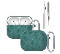 Cute Flower Engraved Case for AirPods Pro 3 Case Cover 2025 with Cleaner kit, Airpods Pro 3 Cases Anti-Drop Silicone Earbuds Charging Cases Keychain for Women Airpods Pro 3rd Generation (Green)