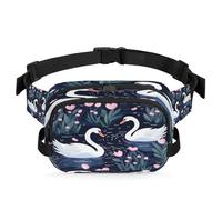 Cute Flower Swan Birds Fanny Pack for Women Men, Waterproof Waist Bag with Adjustable Strap Dual Zippers, Lightweight Crossbody Chest Bag for Running Hiking Sports