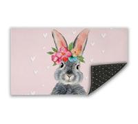 Cute Fluffy Grey Rabbit Front Door Mat, White Hearts and Flowers 30"x17" Indoor Outdoor Welcome Mat, Anti-Slip Entryway Rug for Home Entrance, Floor, Patio Entry & Mud Room, Decor Door Mat