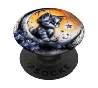 Cute Fluffy Kitten on Crescent Moon PopSockets Adhesive PopGrip