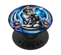 Cute Fluffy Kitten on Crescent Moon PopSockets Adhesive PopGrip