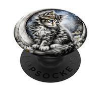 Cute Fluffy Kitten on Crescent Moon PopSockets Adhesive PopGrip