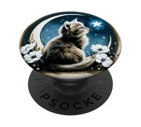 Cute Fluffy Kitten on Crescent Moon PopSockets Adhesive PopGrip
