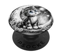 Cute Fluffy Kitten on Crescent Moon PopSockets Adhesive PopGrip