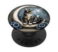 Cute Fluffy Kitten on Crescent Moon PopSockets Adhesive PopGrip