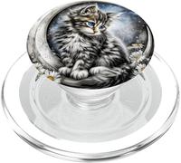 Cute Fluffy Kitten on Crescent Moon PopSockets PopGrip for MagSafe