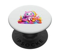 Cute Fluffy Pink Cat Rainbow Whimsical Kitten Art PopSockets Adhesive PopGrip