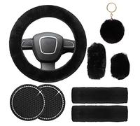 Fluffy Steering Wheel Cover Set for Women, YUNXNYC 1 Set 8 Pieces Fluffy Car Accessories Set Soft Fuzz Handbrake Cover Gear Shift Cover Fur Seat Belt Shoulder Pads Furry Ball Key Chain (Black)