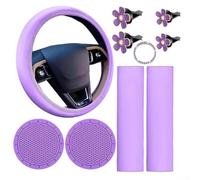 Cute For Women's Car Accessories Comprehensive 10 Piece Set Featuring a Unique Steering Wheel Cover Design for Style (Purple)