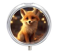 Cute Fox 3 Compartment Portable Travel Pill Box with Round Mirror Metal Medication Storage Medicine Box for Vitamins and Fish Oil