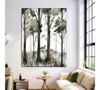 Cute Fox Animal Canvas Wall Art, Woodland Plants Prints Picture for Living Room Decor, White Painting Wall Art Print on Canvas 40×60 cm Unframed
