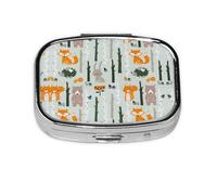Cute Fox Bear Bird Tree Print Square Pill Box,Portable for Pocket Or Purse Pill Organizer Pill Container Holder