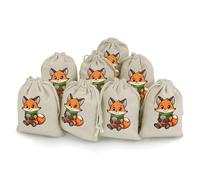 Cute Fox Drinking Coffee Reusable Drawstring Bags 8 Pcs Jewellery Favour Pouch Christmas Halloween Candy