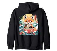 Cute Fox Eating Ramen Bowl Japanese Waves Zip Hoodie