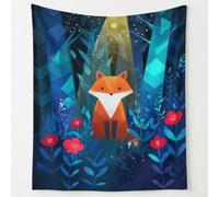 Cute Fox Flannel Throw Blanket, Mysterious Forest Geometric Trees Soft Blanket for Bed Sofa Couch, Microfibre Fluffy Blankets for Kids Adults, 130 x 150 cm Blue
